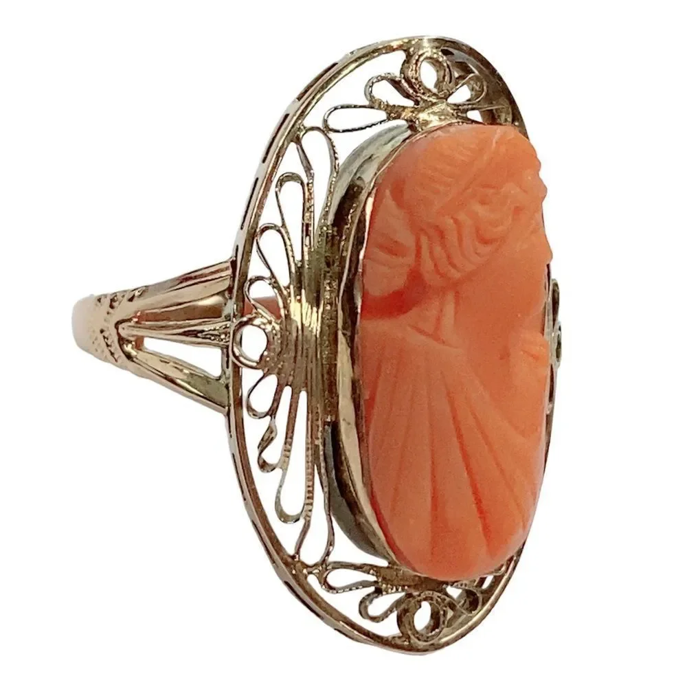 Antique Victorian Carved Cameo Ring 10k Yellow Gold Filigree Oval Sz 7.5 Vintage